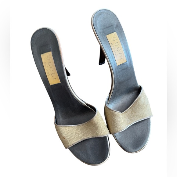 GUCCI VTG GG Canvas 4.5” Heel Metallic Gold Mules Sandal SZ 10.5 B - Picture 1 of 9